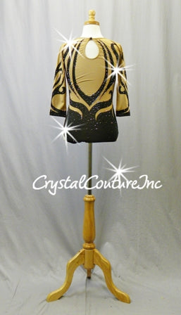 Custom Nude & Black 3/4 Sleeve Leotard with Scroll Pattern - Swarovski Rhinestones