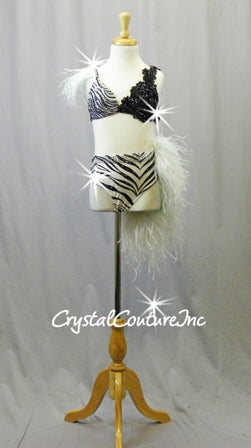 Black/White Zebra Print Bra-Top and Trunk/Feather Bustle - Swarovski Rhinestones