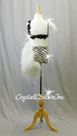 Black/White Zebra Print Bra-Top and Trunk/Feather Bustle - Swarovski Rhinestones