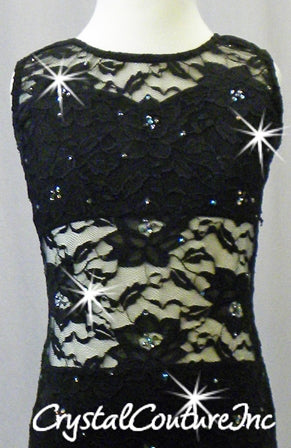 Black Floral Lace Leotard - Swarovski Rhinestones