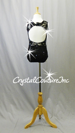 Black Floral Lace Leotard - Swarovski Rhinestones