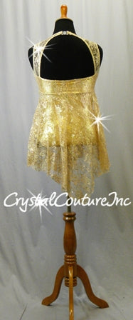 Gold Shimmer Leotard with Nude Floral Lace Overlay and Skirt - Swarovski Rhinestones