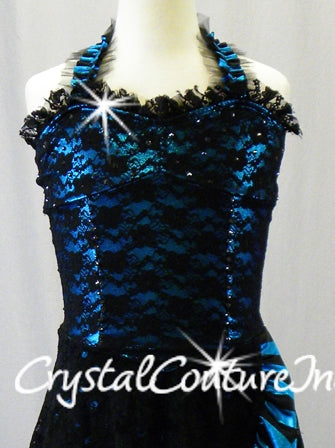 Black/Teal Blue Halter Top Biketard with Black Lace Skirt overlay - Swarovski Rhinestones
