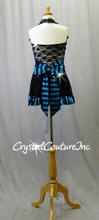 Black/Teal Blue Halter Top Biketard with Black Lace Skirt overlay - Swarovski Rhinestones