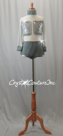 Lt Gray and Charcoal Gray Sheer Leotard with Pleating - Swarovski Rhinestones
