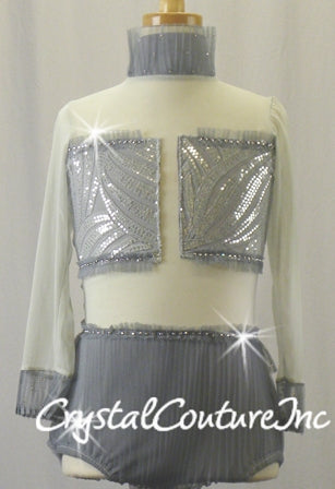 Lt Gray and Charcoal Gray Sheer Leotard with Pleating - Swarovski Rhinestones