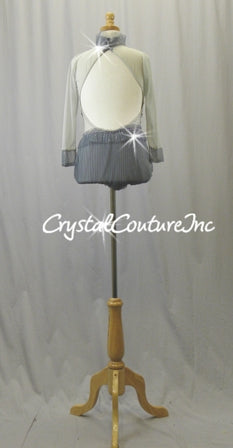 Lt Gray and Charcoal Gray Sheer Leotard with Pleating - Swarovski Rhinestones