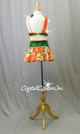 Orange/White/Green Flower Print Top & Skirt/Brief - Swarovski Rhinestones