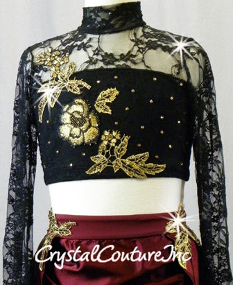 Black Floral Lace Long Sleeve Top with Burgundy Skirt/Brief - Swarovski Rhinestones