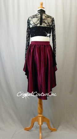Black Floral Lace Long Sleeve Top with Burgundy Skirt/Brief - Swarovski Rhinestones