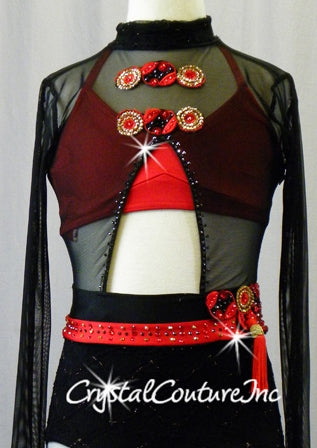 Black Sheer Mesh and Lace Leotard with Red Bra Top - Swarovski Rhinestones