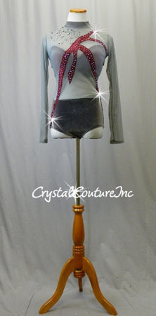 Gray Sheer Mesh and Velour Leotard with Burgundy Accents - Swarovski Rhinestones