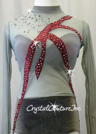 Gray Sheer Mesh and Velour Leotard with Burgundy Accents - Swarovski Rhinestones