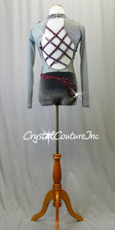 Gray Sheer Mesh and Velour Leotard with Burgundy Accents - Swarovski Rhinestones
