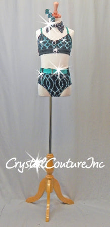 Custom Dark Teal Blue & Black Connected Two Piece - Swarovski Rhinestones