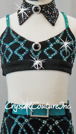 Custom Dark Teal Blue & Black Connected Two Piece - Swarovski Rhinestones
