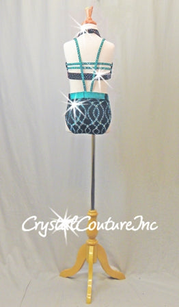 Custom Dark Teal Blue & Black Connected Two Piece - Swarovski Rhinestones