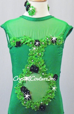 Custom Kelly Green Lycra & Sheer Mesh Leotard - Appliques & Swarovski Rhinestones
