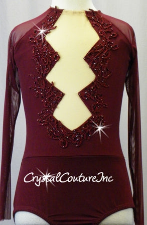 Burgundy Mesh Leotard with Long Sleeves and Appliques - Swarovski Rhinestones
