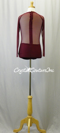 Burgundy Mesh Leotard with Long Sleeves and Appliques - Swarovski Rhinestones