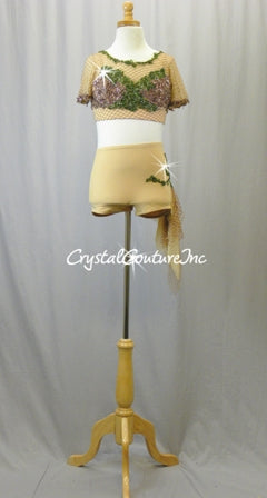 Custom Nude Net Crop Top & Trunks with Brown & Green Beaded Appliques