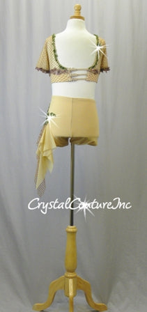 Custom Nude Net Crop Top & Trunks with Brown & Green Beaded Appliques
