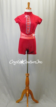 Red Textured Velour Mock-Neck Biketard with Mesh Detailing - Swarovski Rhinestones