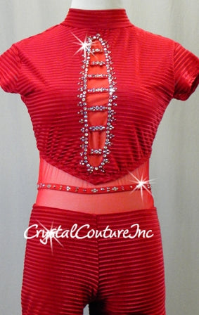 Red Textured Velour Mock-Neck Biketard with Mesh Detailing - Swarovski Rhinestones