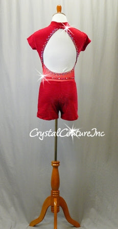 Red Textured Velour Mock-Neck Biketard with Mesh Detailing - Swarovski Rhinestones