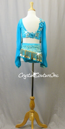 Turquoise Mesh and Lace Long Sleeve Top and Skirt/Trunk with Gold Beads - Swarovski Rhinestones