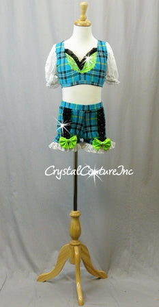 Blue and Green Plaid Top and Booty Short with White Lace - Swarovski Rhinestones