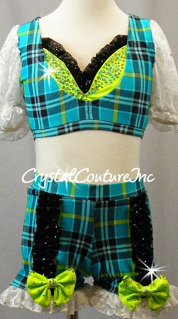 Blue and Green Plaid Top and Booty Short with White Lace - Swarovski Rhinestones