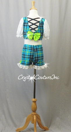 Blue and Green Plaid Top and Booty Short with White Lace - Swarovski Rhinestones