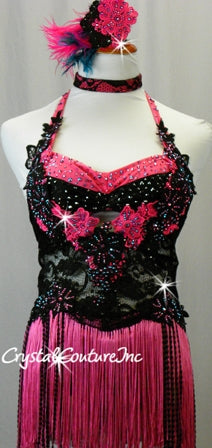 Black Floral Lace Leotard with Pink Accents/Fringe Skirt - Swarovski Rhinestones