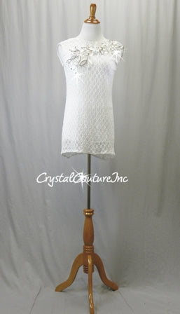 White Lace/Net Shift Dress with Booty Shorts - Swarovski Rhinestones