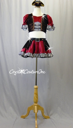 Custom Pirate Inspired Burgundy, Black & White Crop Vest Top & Skirt/Trunk - Swarovski Rhinestones