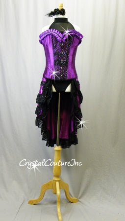 Latin Inspired Purple & Black Corset, Leotard & Tiered Skirt - Swarovski Rhinestones