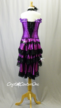 Latin Inspired Purple & Black Corset, Leotard & Tiered Skirt - Swarovski Rhinestones