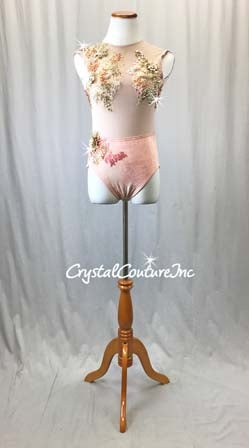 Pink Mesh Leotard with Gold Appliques - Swarovski Rhinestones