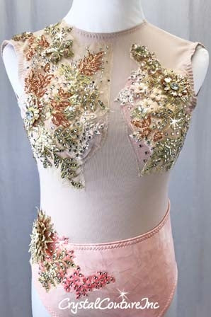 Pink Mesh Leotard with Gold Appliques - Swarovski Rhinestones