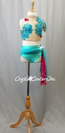 Custom Teal Blue & Nude Sheer Top and Trunk/Skirt - Beaded Appliques & Rhinestones