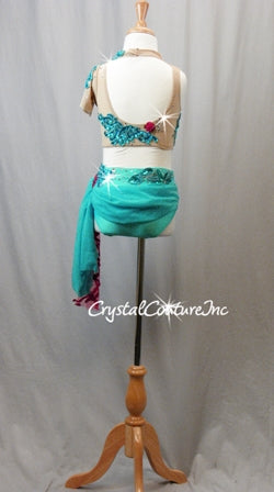 Custom Teal Blue & Nude Sheer Top and Trunk/Skirt - Beaded Appliques & Rhinestones