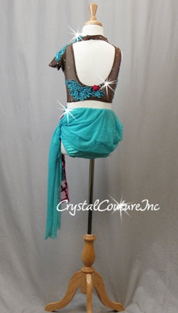 Custom Teal Blue & Brown Sheer Top and Trunk/Skirt - Beaded Appliques & Rhinestones