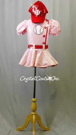 Custom Pink Zsa Zsa Sequin Dress with Red trim & Baseball Patch - Swarovski Rhinestones