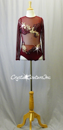 Burgundy Mesh Long Sleeve Leotard with Embroidered Appliques - Swarovski Rhinestones