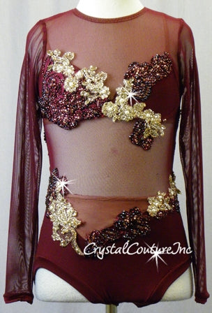 Burgundy Mesh Long Sleeve Leotard with Embroidered Appliques - Swarovski Rhinestones