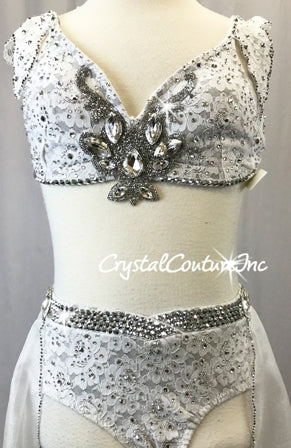 Custom White Floral Lace Top & Trunks/Half Skirt - Swarovski Rhinestones