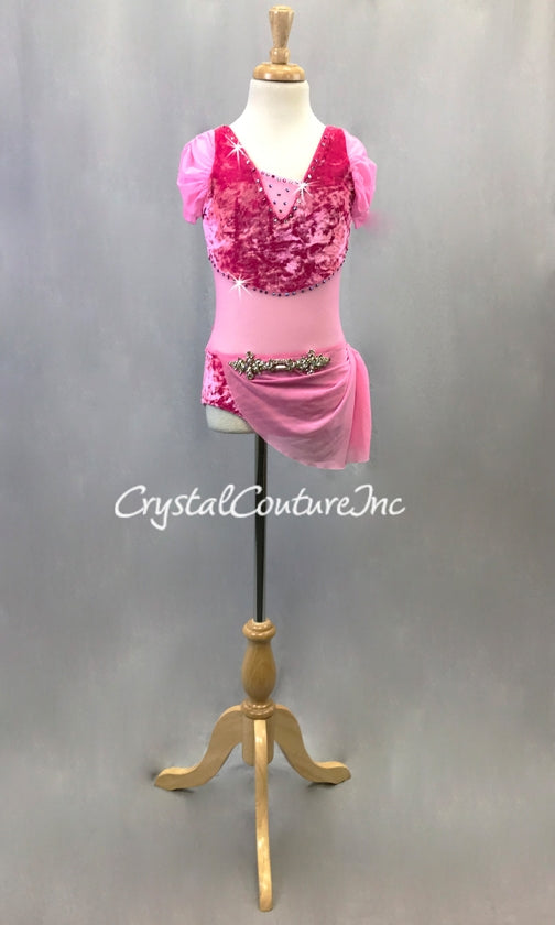 Pink Velour and Mesh Leotard w/Side Skirt - Swarovski Rhinestones