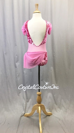 Pink Velour and Mesh Leotard w/Side Skirt - Swarovski Rhinestones