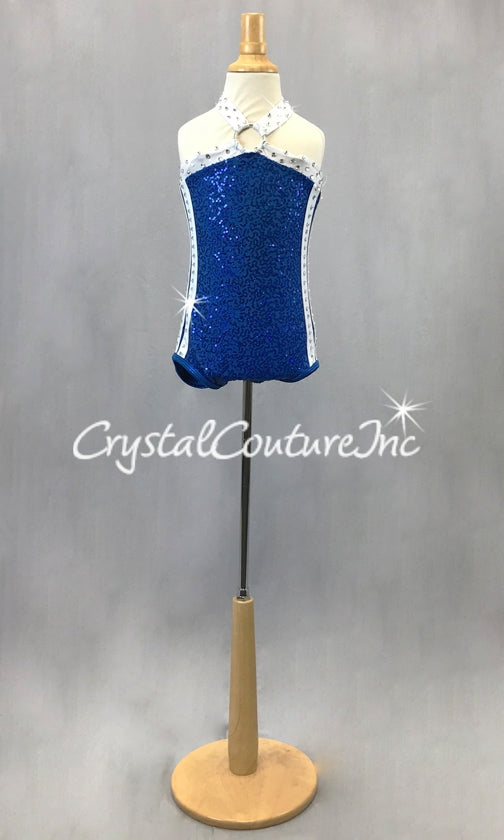 Royal Blue Zsa Zsa Halter Leotard  w/White Striping - Swarovski Rhinestones